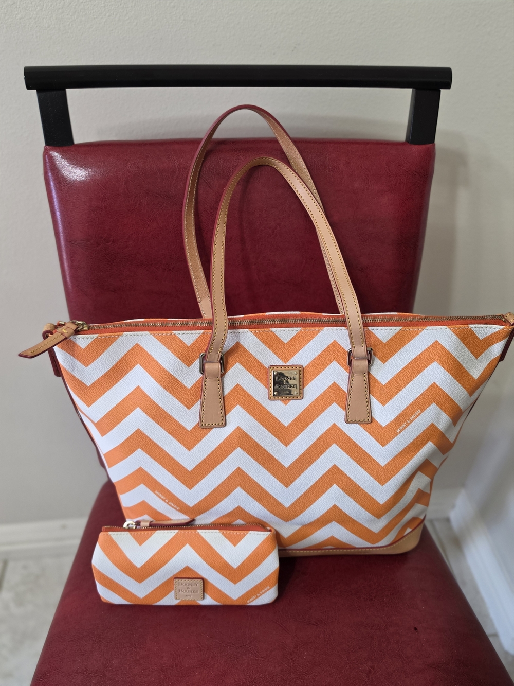 Dooney & Bourke Orange and White Chevron Tote with Pouch